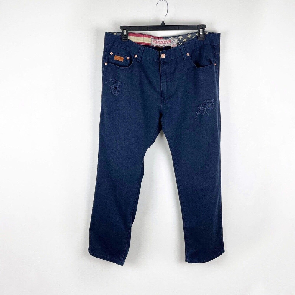 Winchester Embroidered Pocket Distressed Navy Blue Denim Men's Jeans Size 40x31